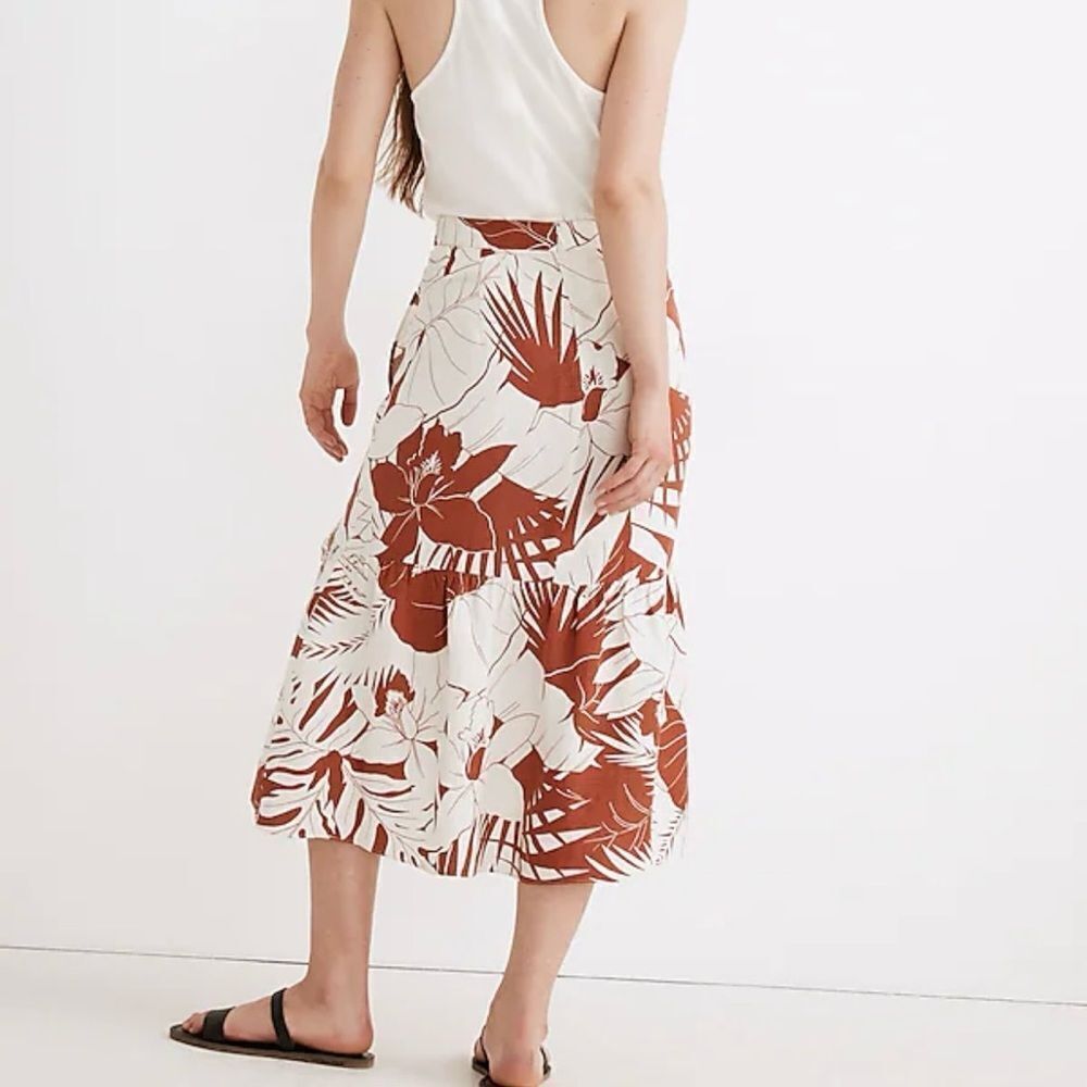 Madewell Rust & White Tropical Print Ruffle Linen Blend Midi Skirt - Picture 2 of 11